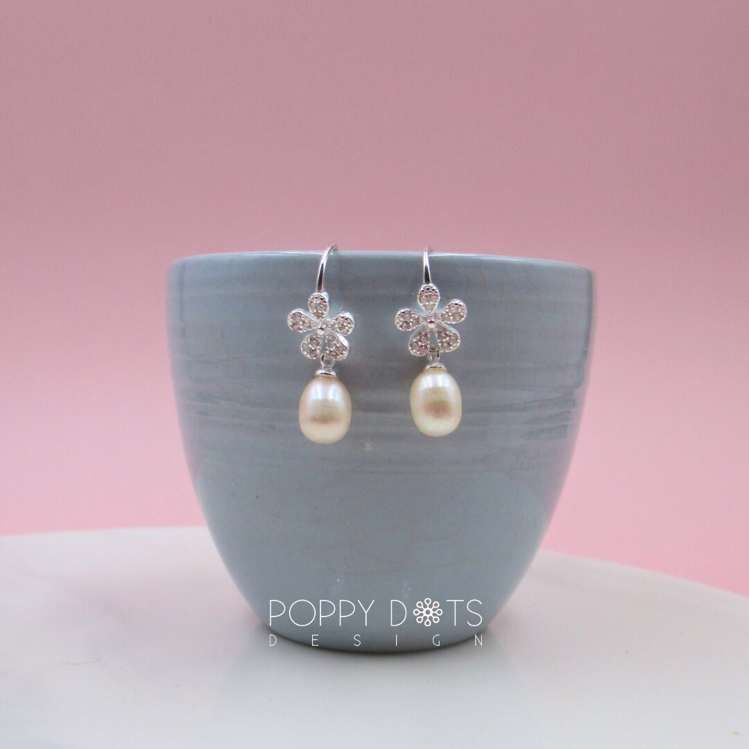 Sterling Silver Zirconia Daisy Pearl Drop Earrings