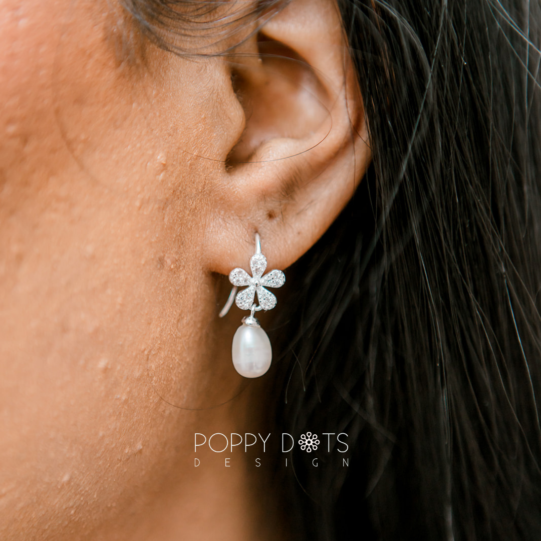 Sterling Silver Zirconia Daisy Pearl Drop Earrings
