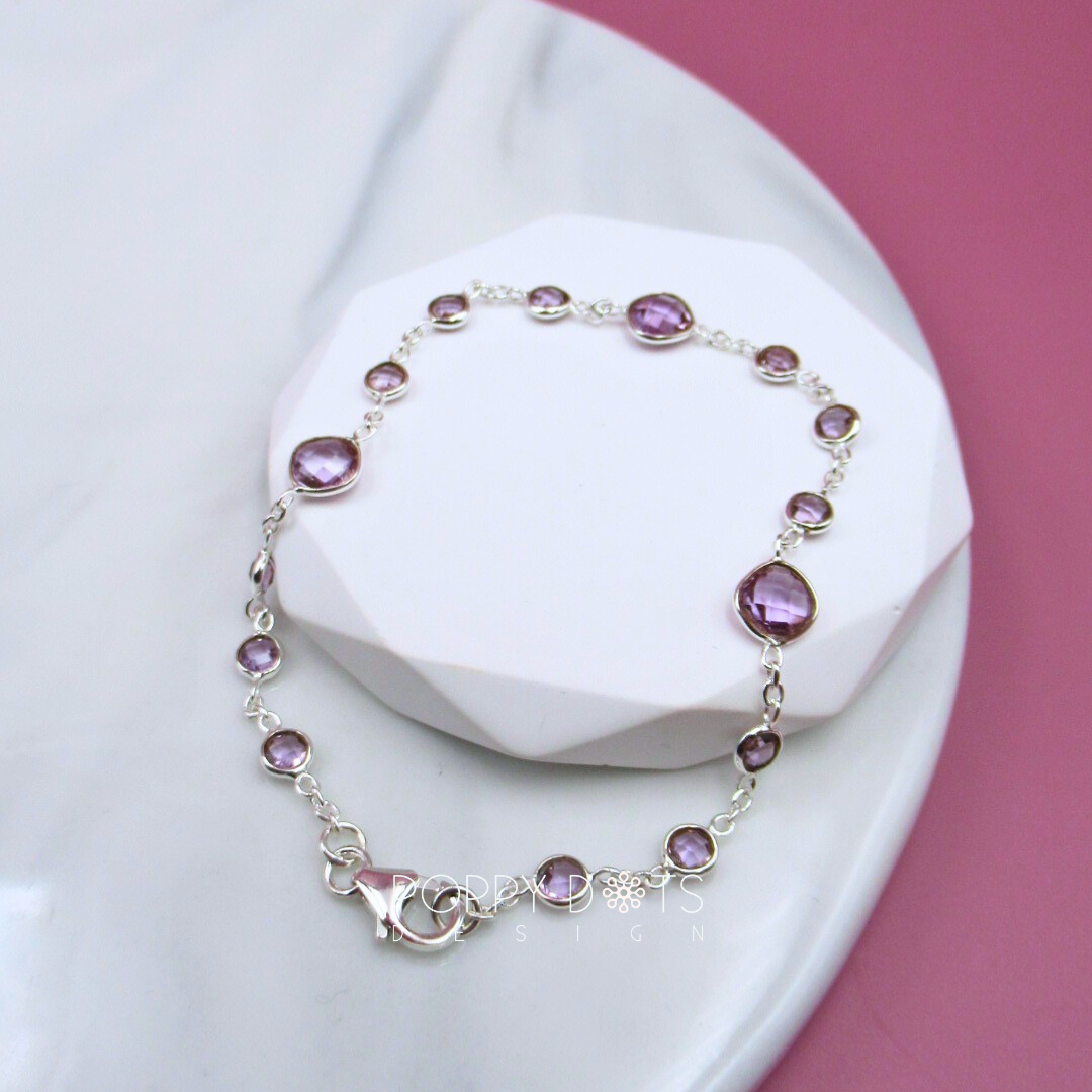 Sterling Silver Purple Amethyst Cushion Cut Dainty Bracelet