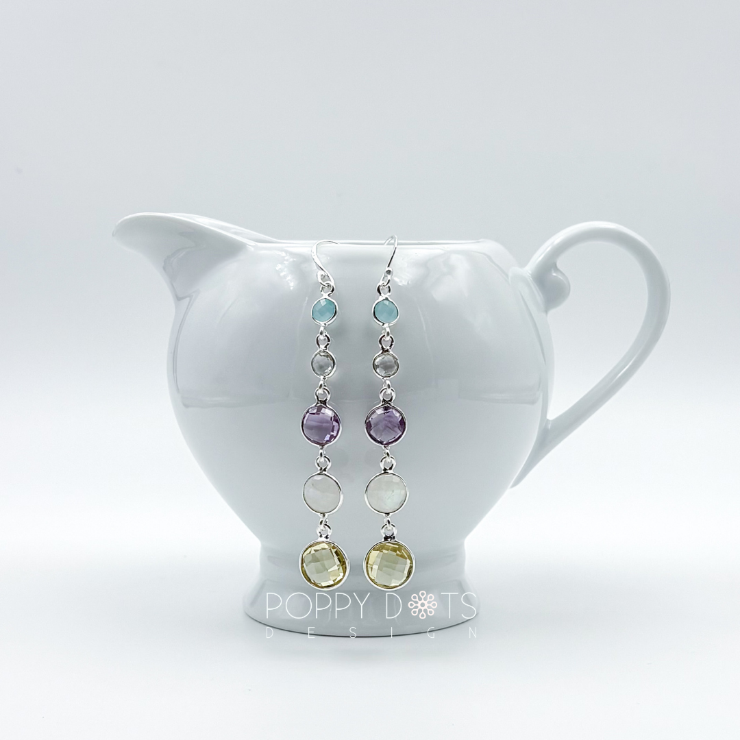 Sterling Silver Blue Onyx, Crystal, Purple Amethyst, Moonstone and Citrine Quartz Earrings