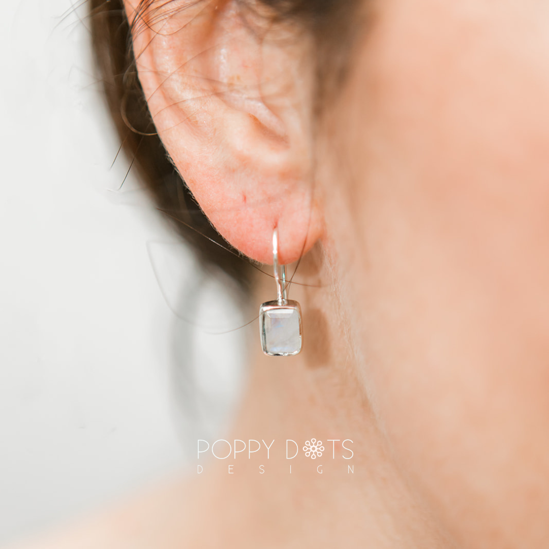 Sterling Silver Rectangular Moonstone Fixed Hook Earrings