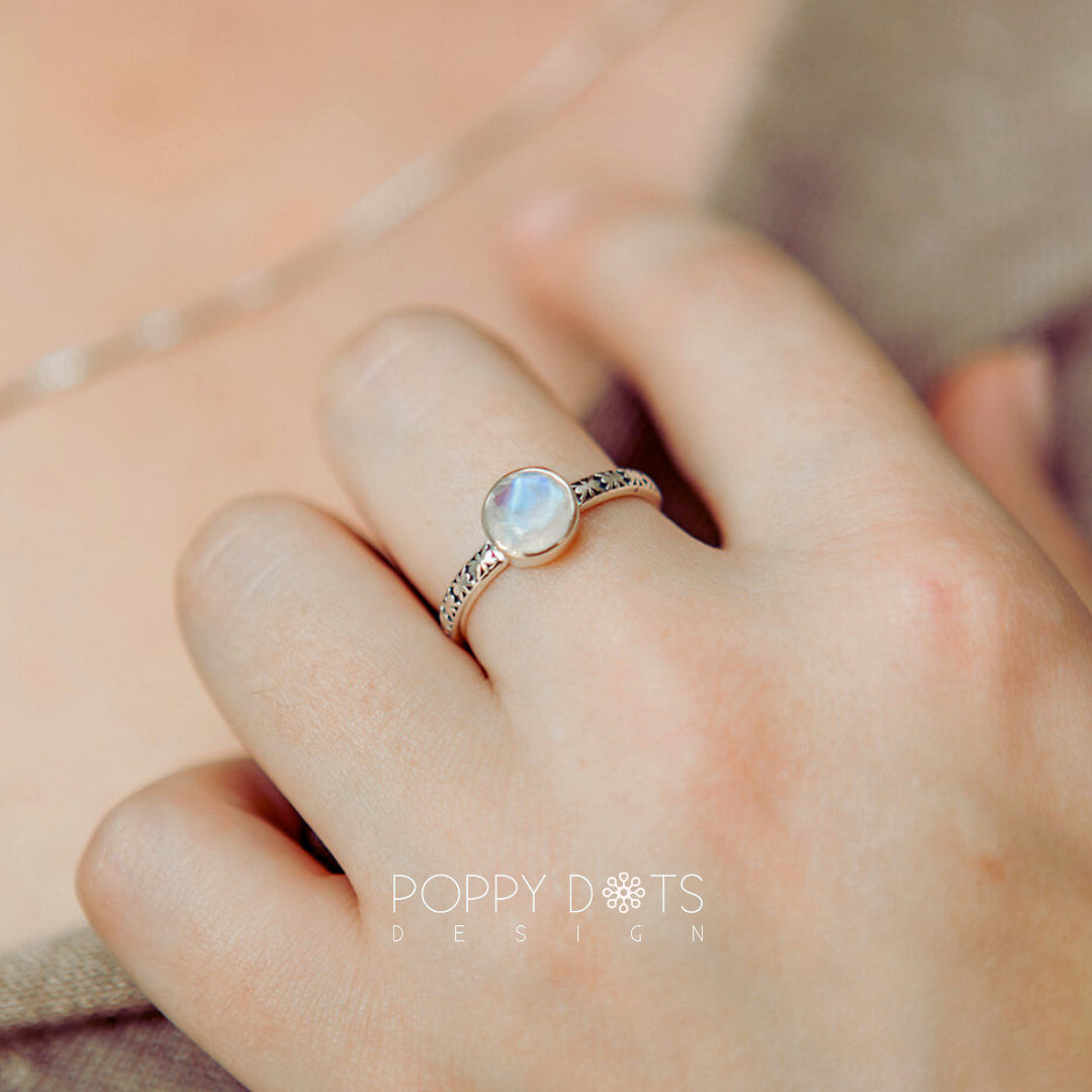 Sterling Silver Engraved Band Round Moonstone Ring