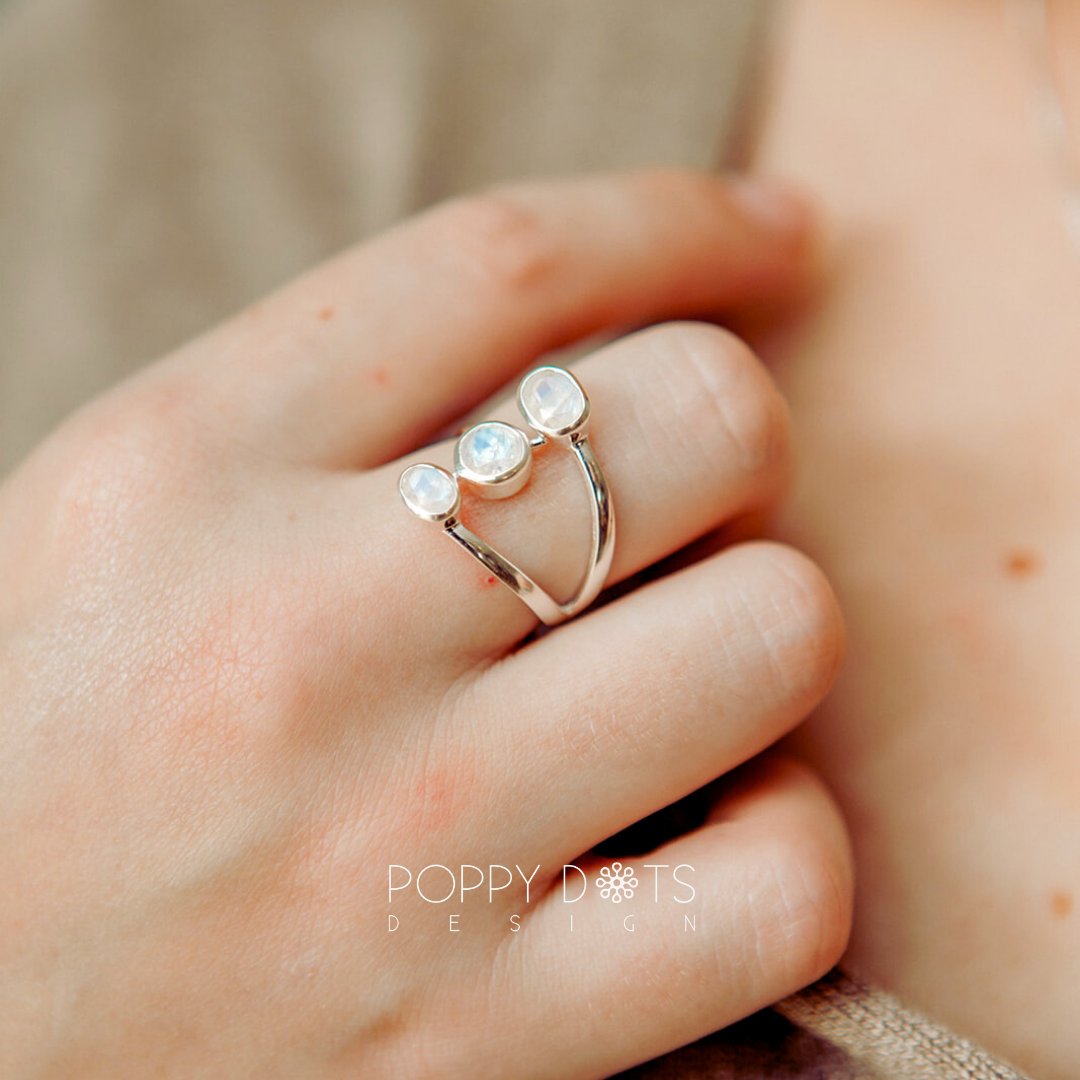 Sterling Silver Triple Moonstone Ring