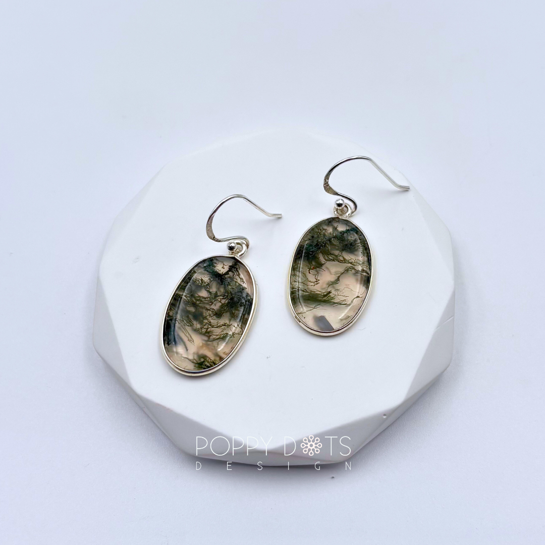 Sterling Silver Oval Moss Agate Earrings