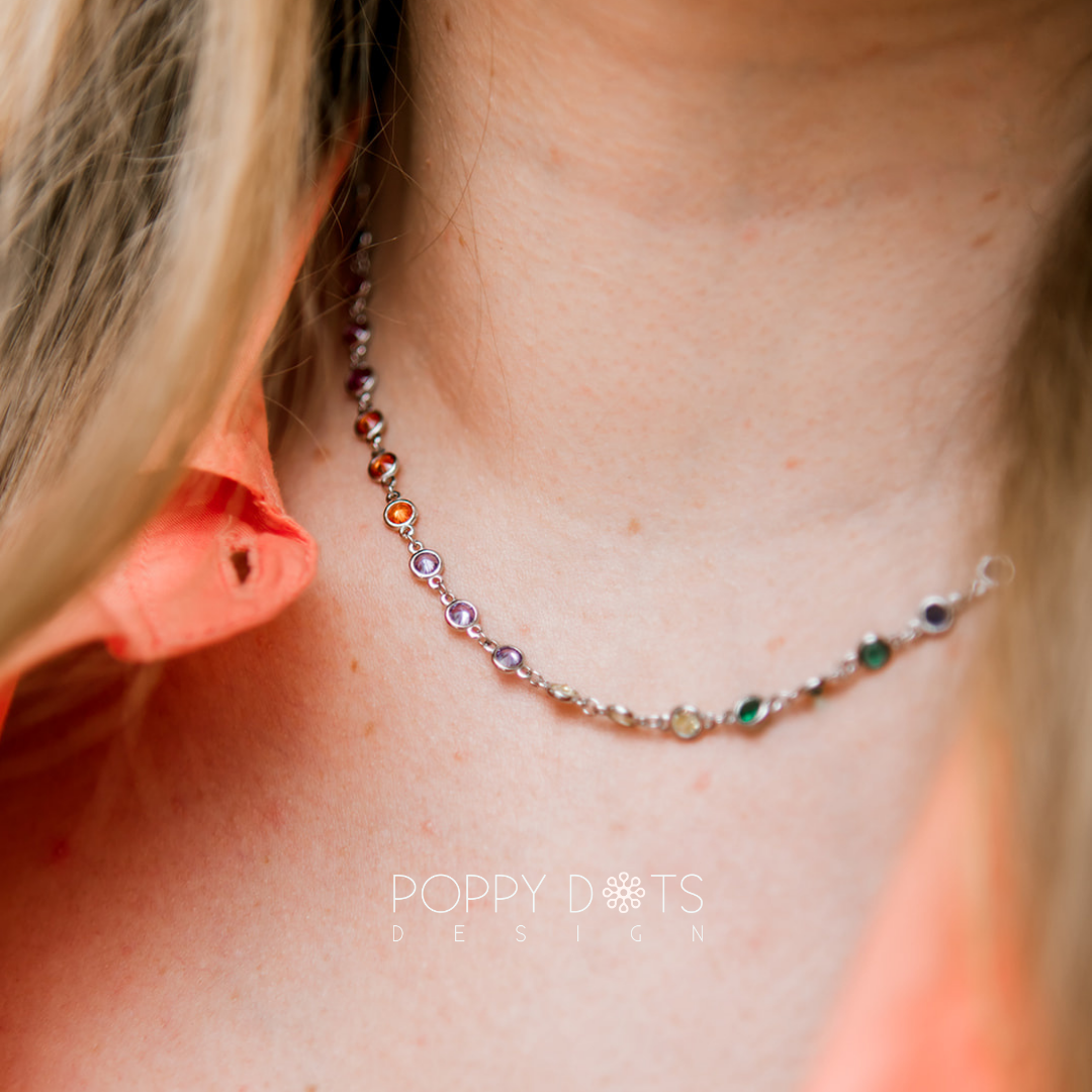 Sterling Silver Tube Set Multicoloured Round Zirconia Necklace