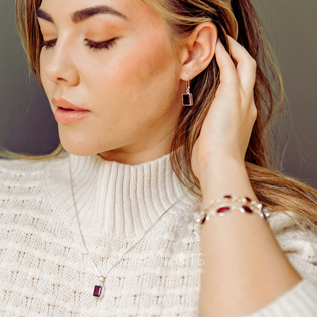 Sterling Silver Rectangular Garnet Earrings
