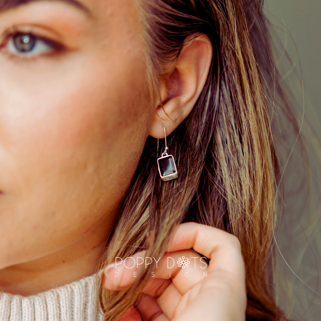 Sterling Silver Rectangular Garnet Earrings