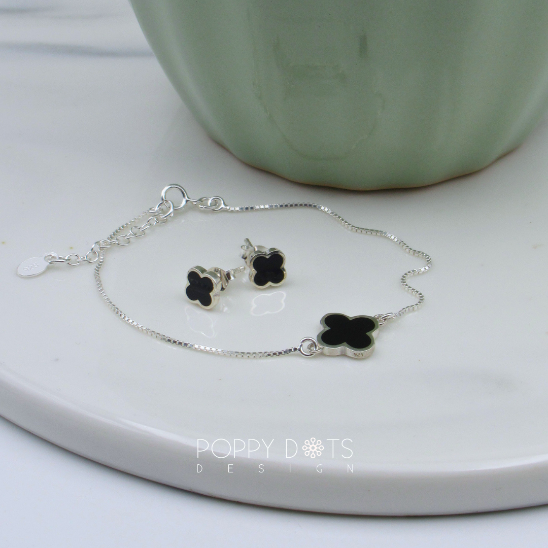 Sterling Silver Black Four Leaf Flower Studs