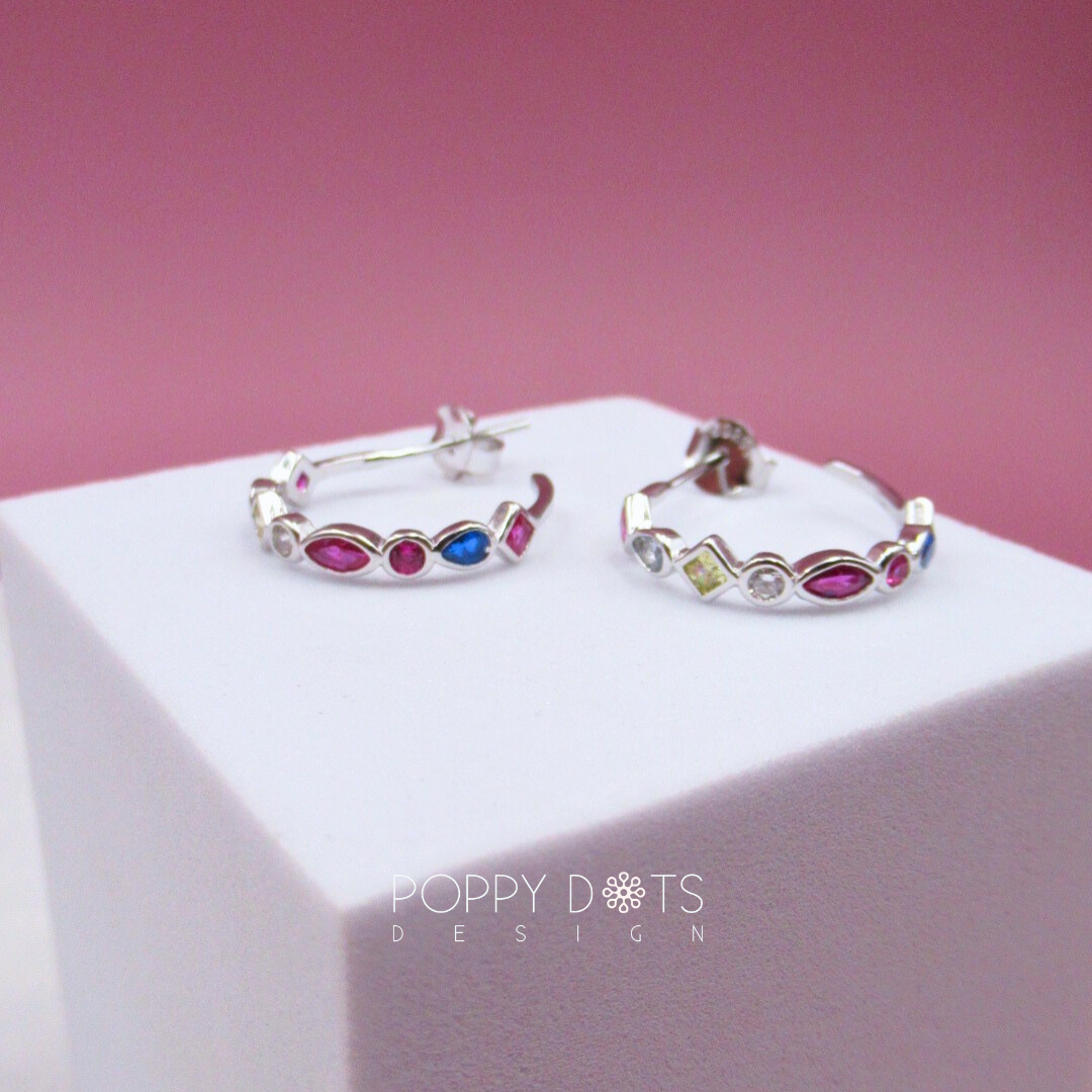 Sterling Silver Multi-Shaped and Coloured Zirconia Hoop Earrings