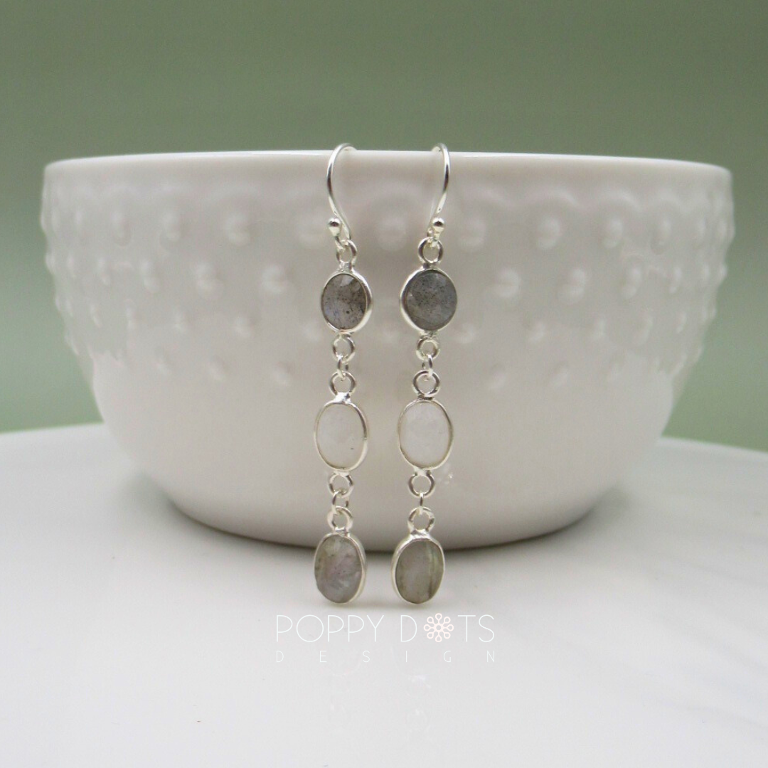 Sterling Silver Long Dangling Moonstone and Labradorite Earrings