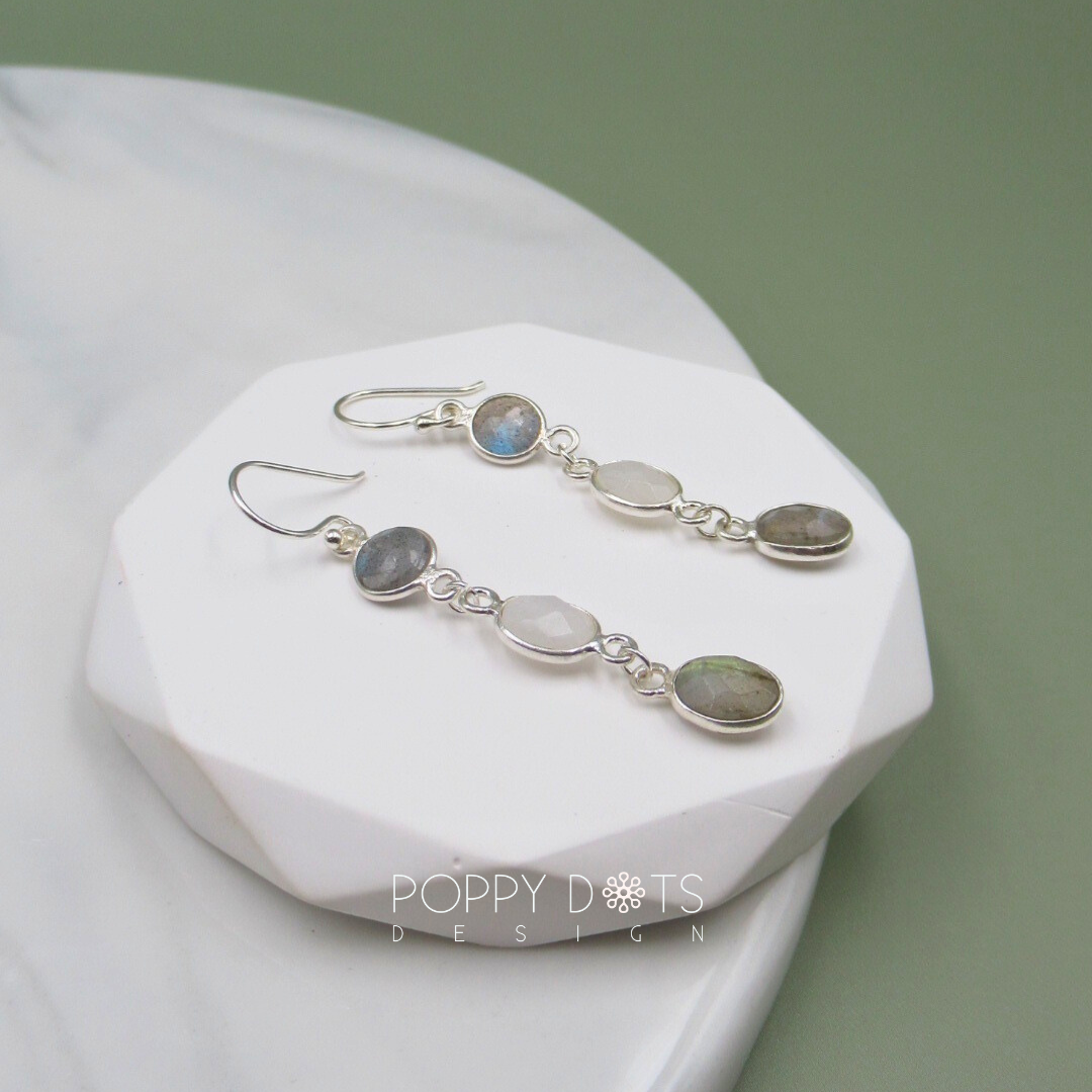 Sterling Silver Long Dangling Moonstone and Labradorite Earrings