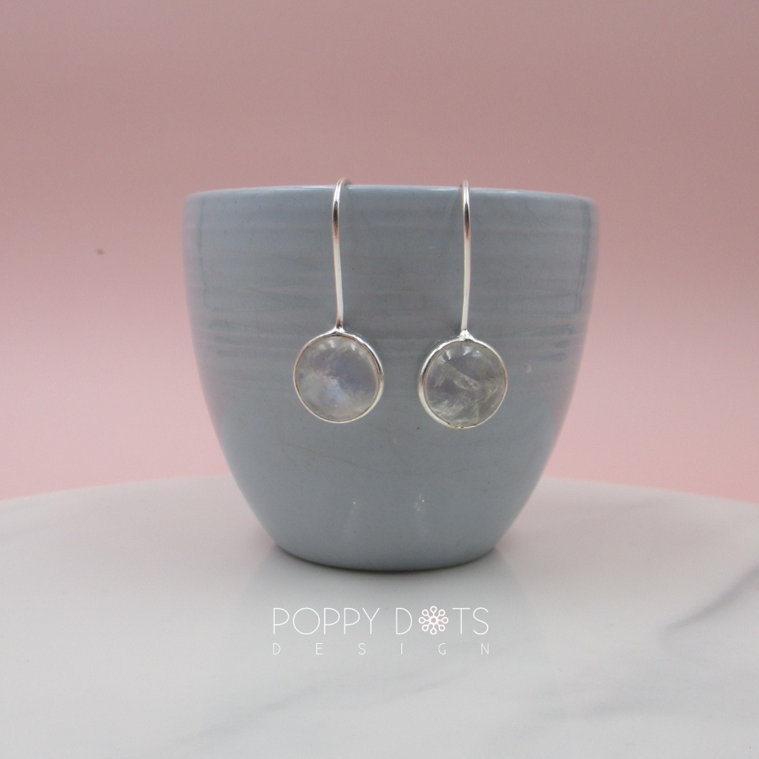 Sterling Silver Cab Round Moonstone Earrings