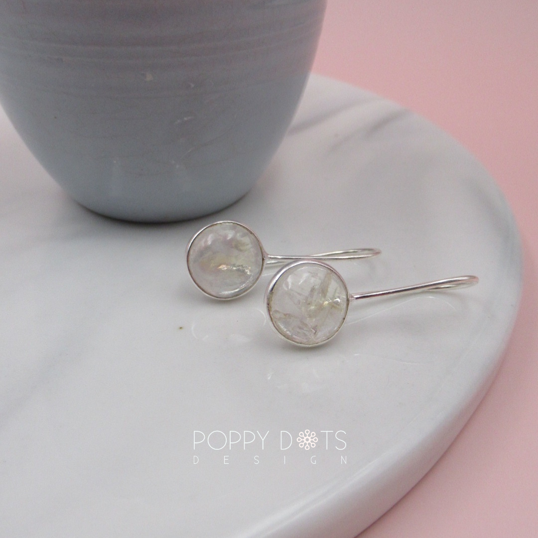 Sterling Silver Cab Round Moonstone Earrings
