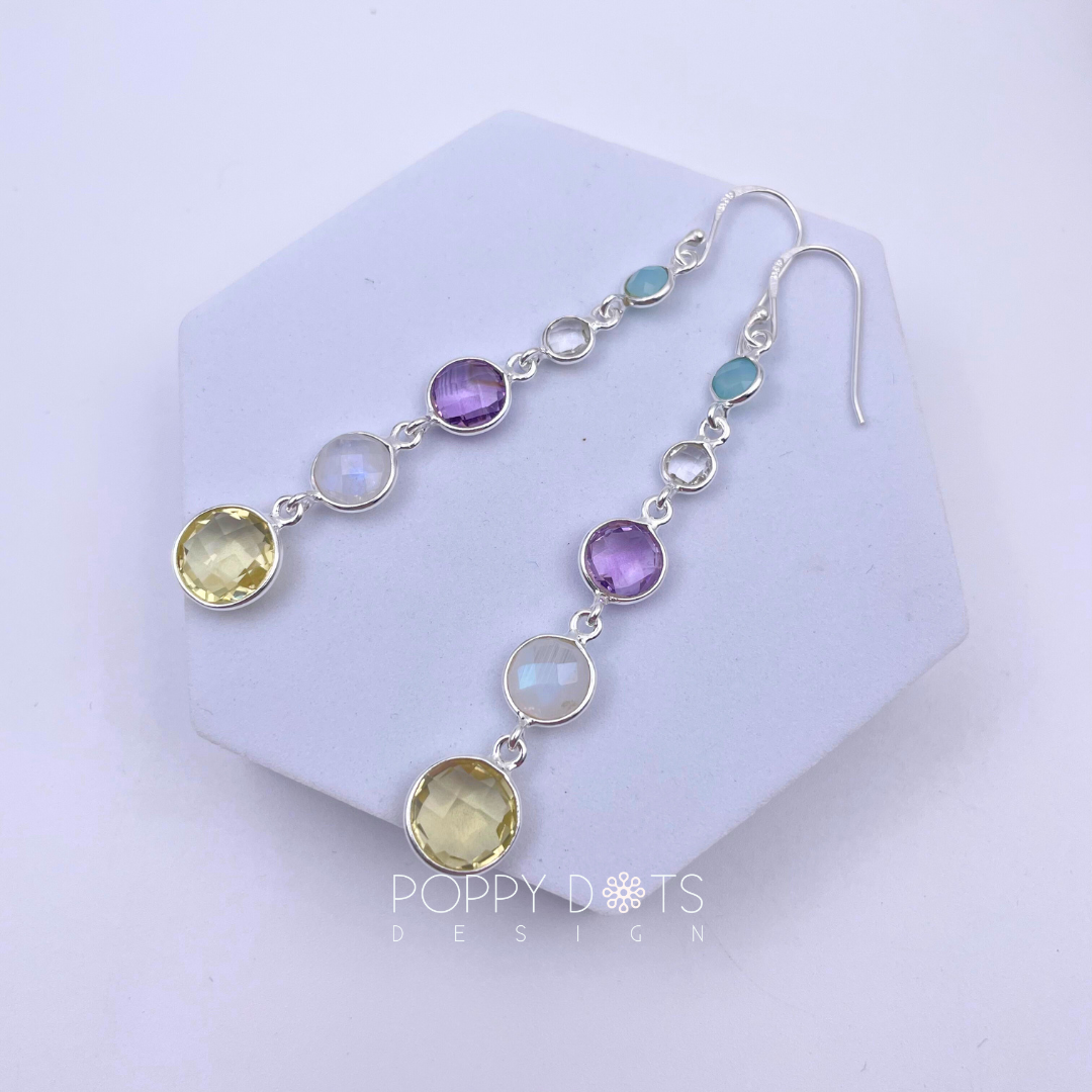 Sterling Silver Blue Onyx, Crystal, Purple Amethyst, Moonstone and Citrine Quartz Earrings