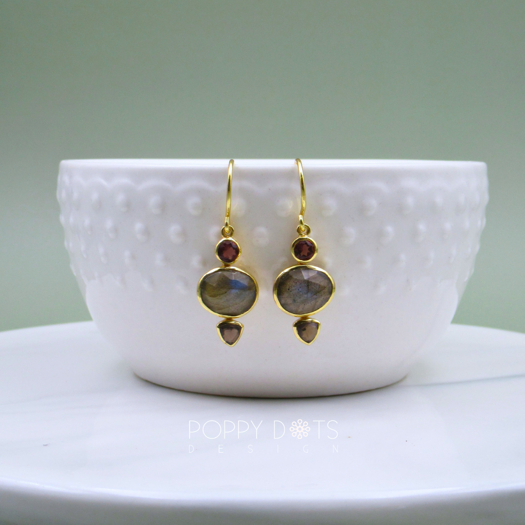 The Heiress: Labradorite, Rhodolite & Smoky Quartz Gold-Plated Sterling Silver Earrings