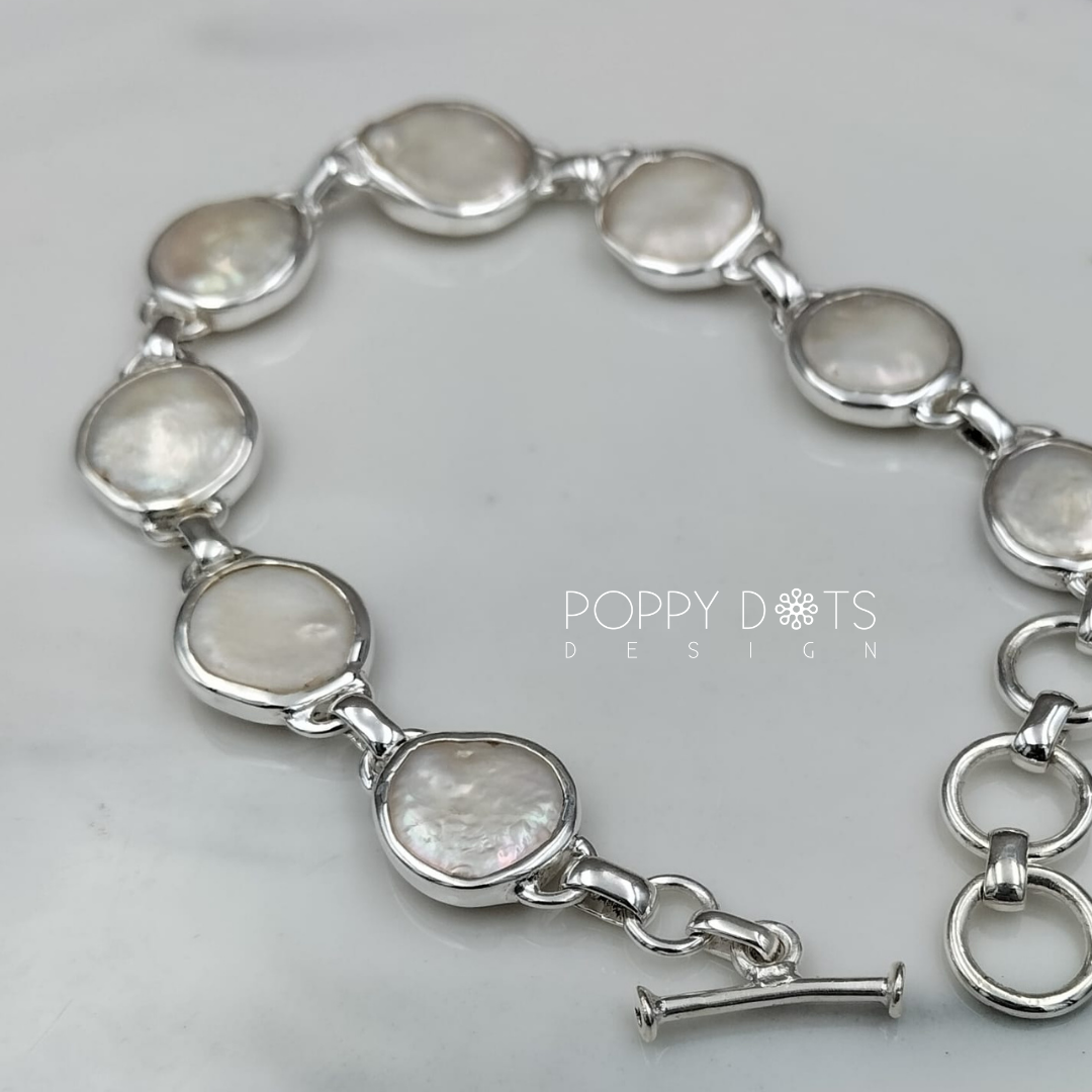 Luxurious Sterling Silver Coin Pearl Bracelet