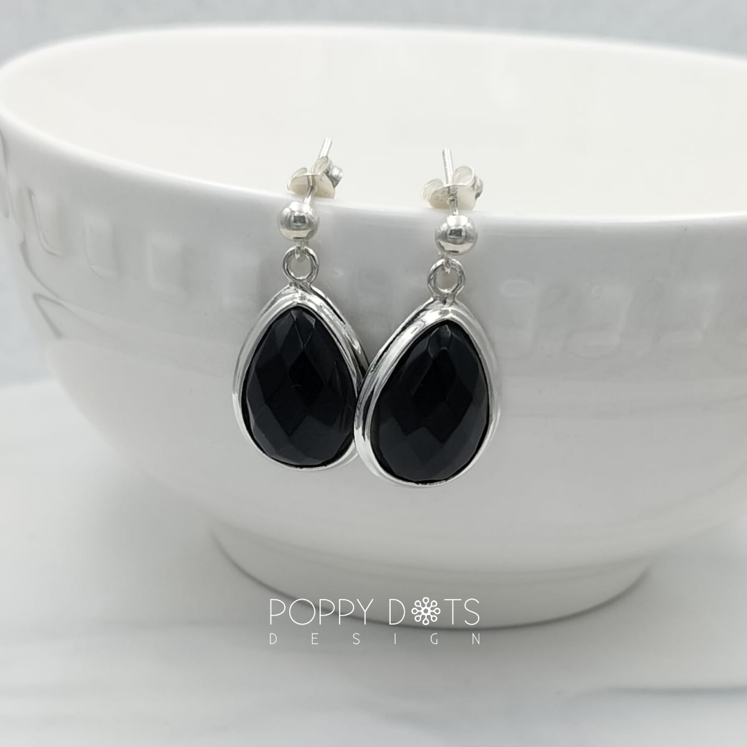 Sterling Silver Black Onyx Teardrop Dangling Studs