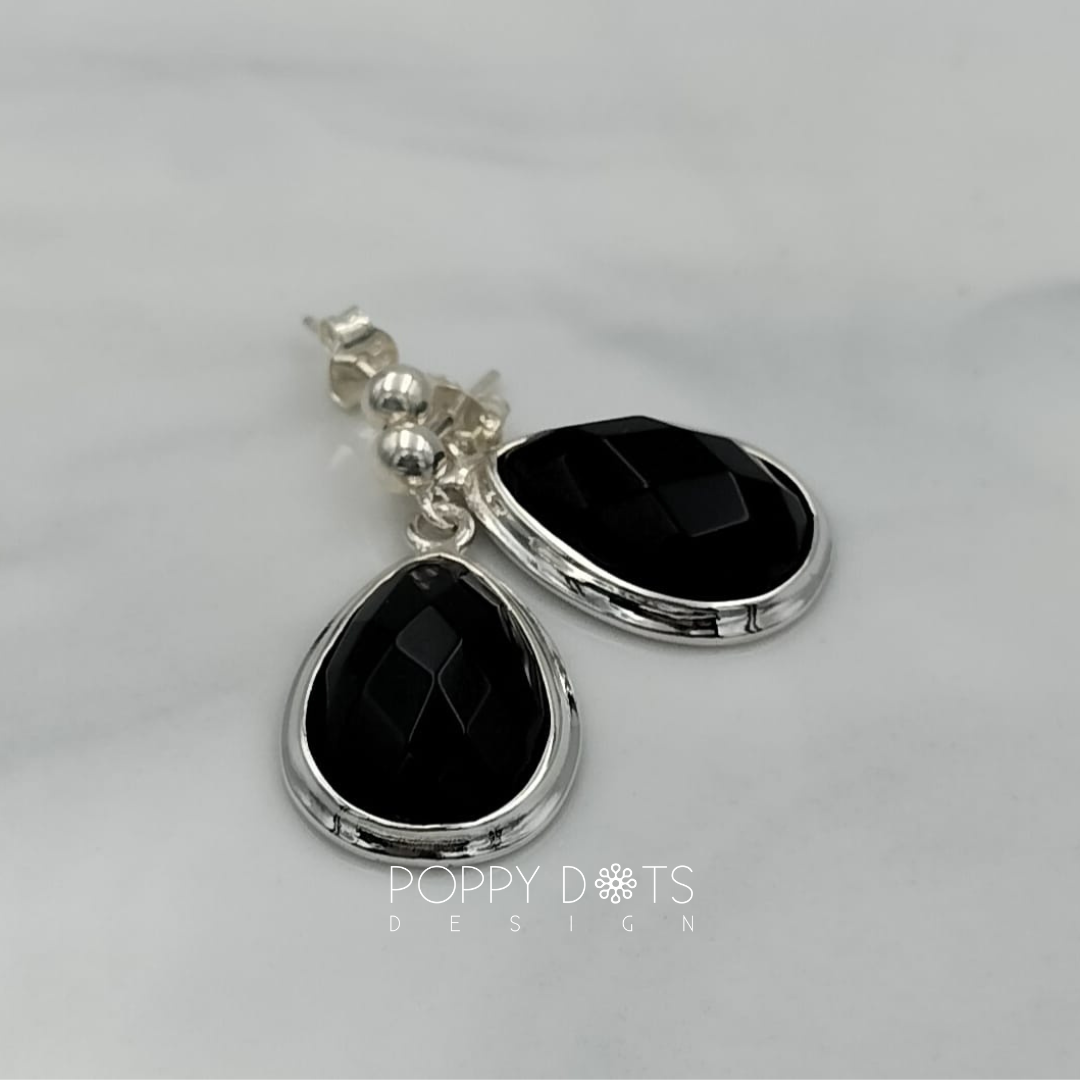 Sterling Silver Black Onyx Teardrop Dangling Studs