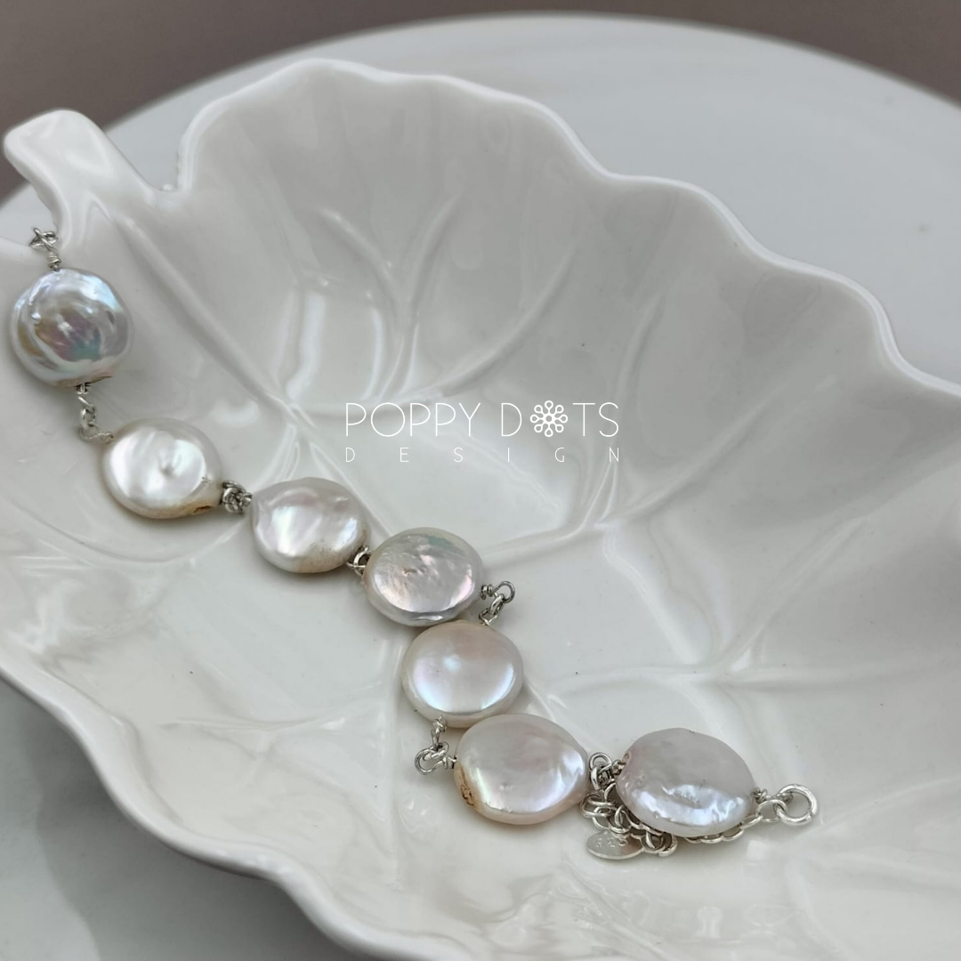 Sterling Silver Light Link Coin Pearl Bracelet