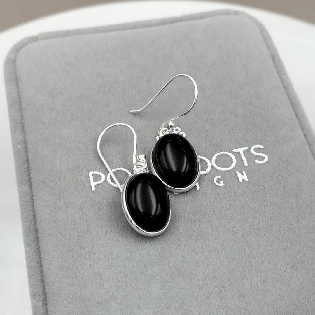 Sterling Silver Oval Cab Black Onyx Earrings