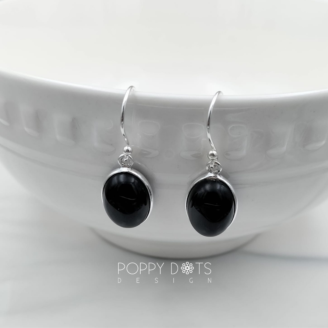 Sterling Silver Oval Cab Black Onyx Earrings