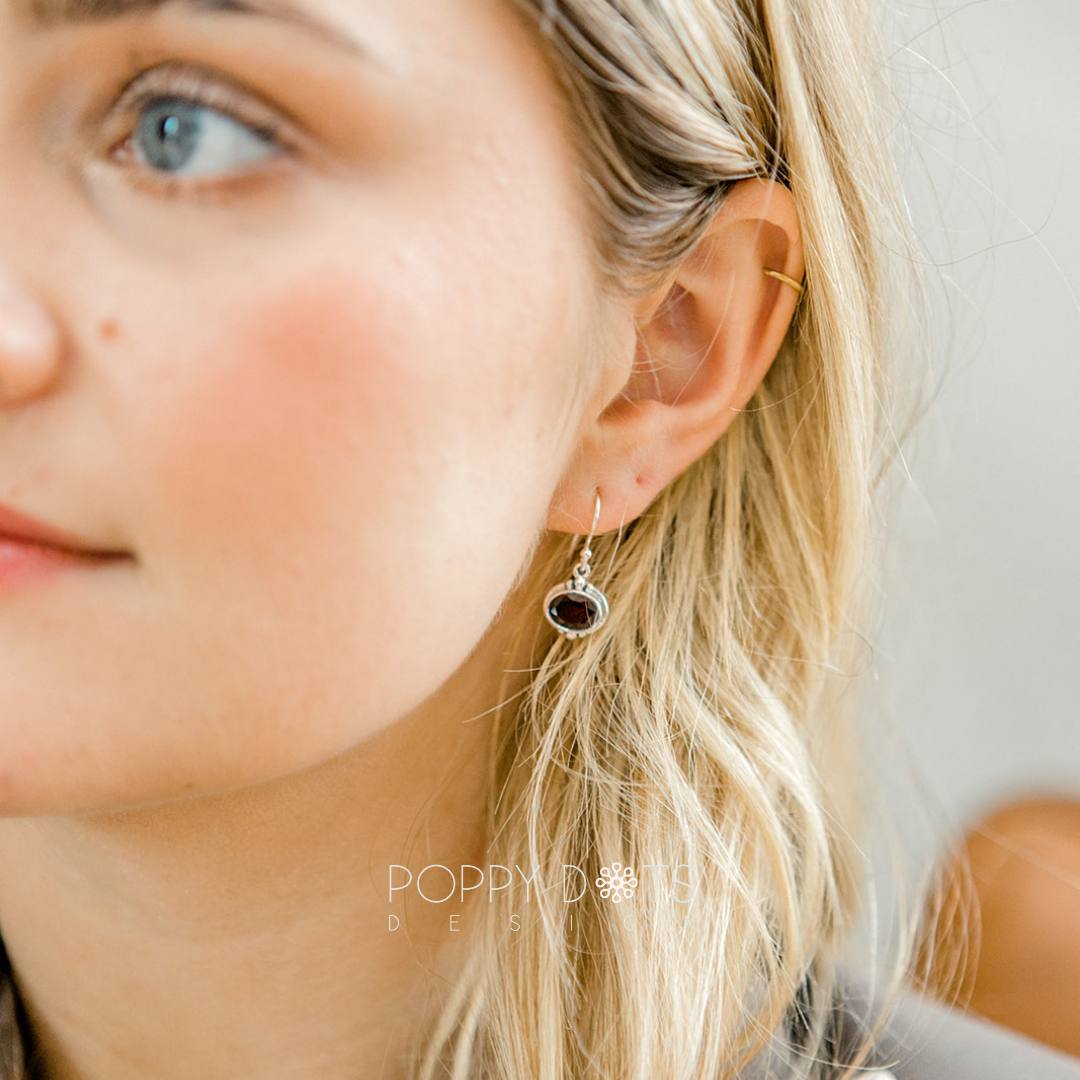 Sterling Silver Detailed Oval Garnet Earrings