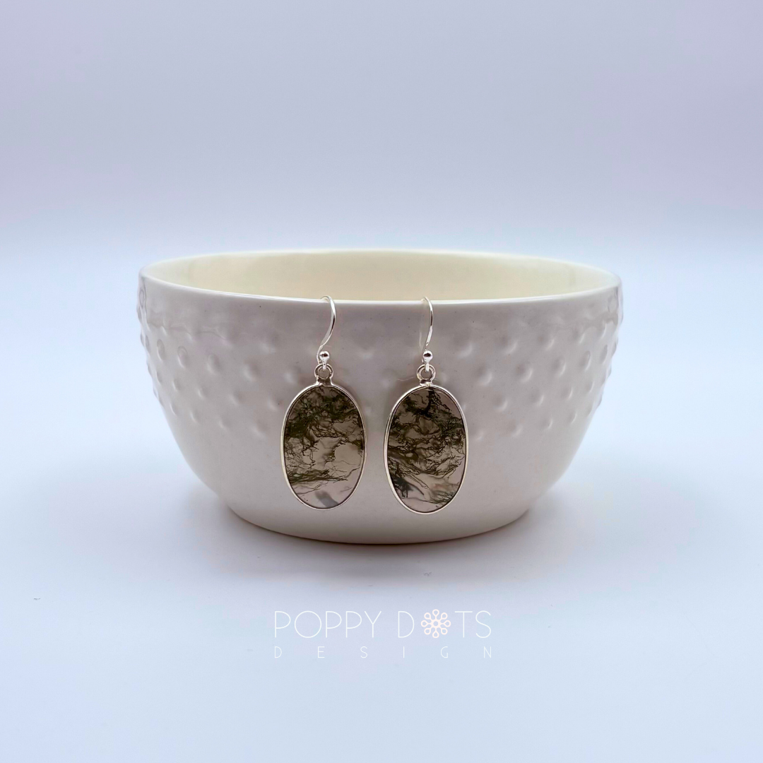 Sterling Silver Oval Moss Agate Earrings