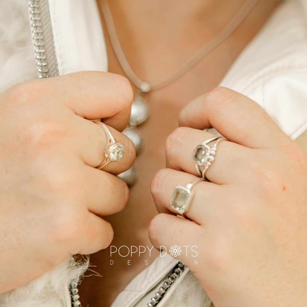 Sterling Silver Faceted Band Green Amethyst Rectangular Ring