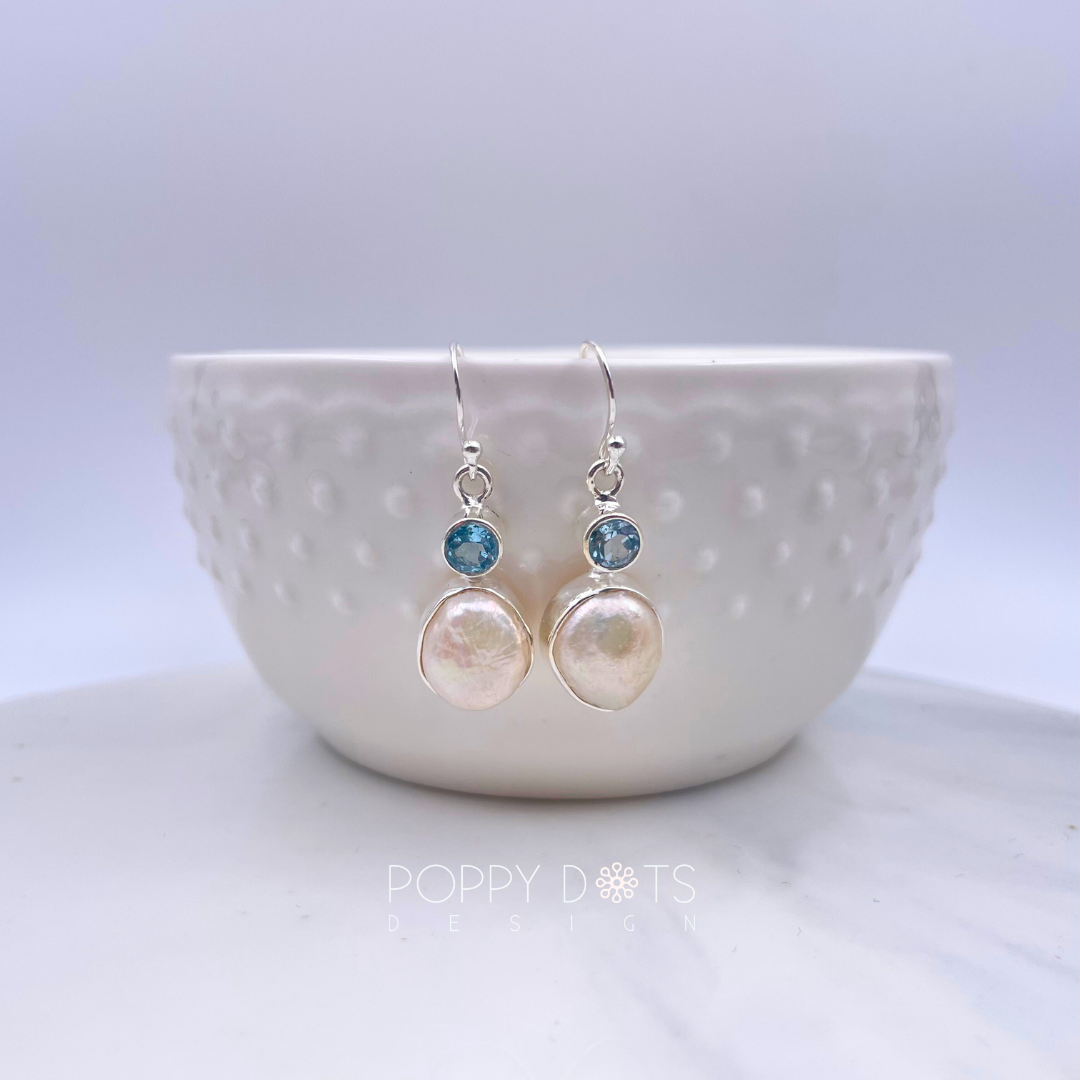 Sterling Silver Pearl and Blue Topaz Earrings