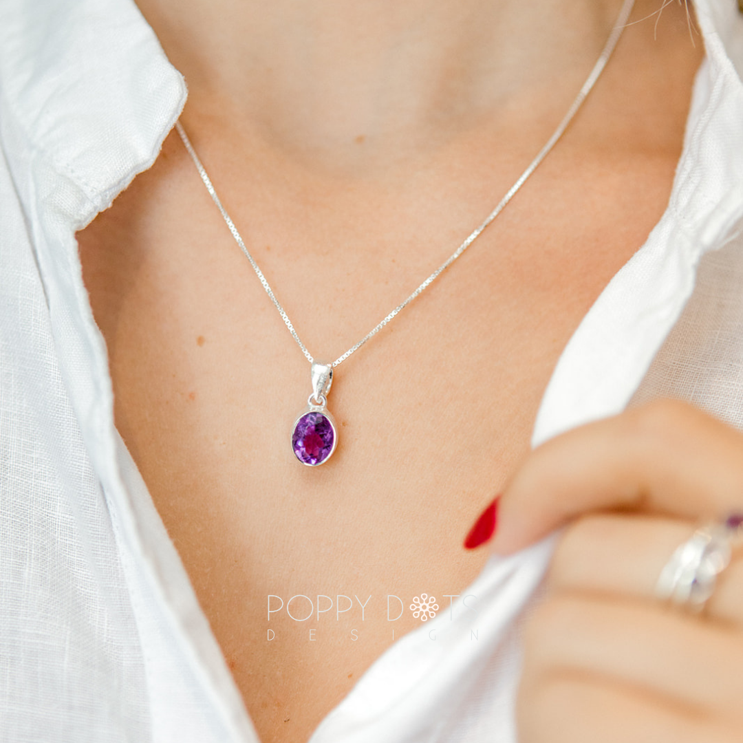 Sterling Silver Oval Purple Amethyst Pendant