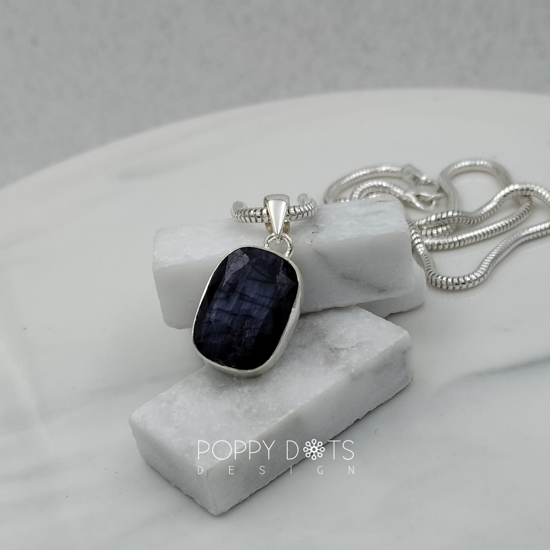 Sterling Silver Rectangular Blue Corundum Pendant