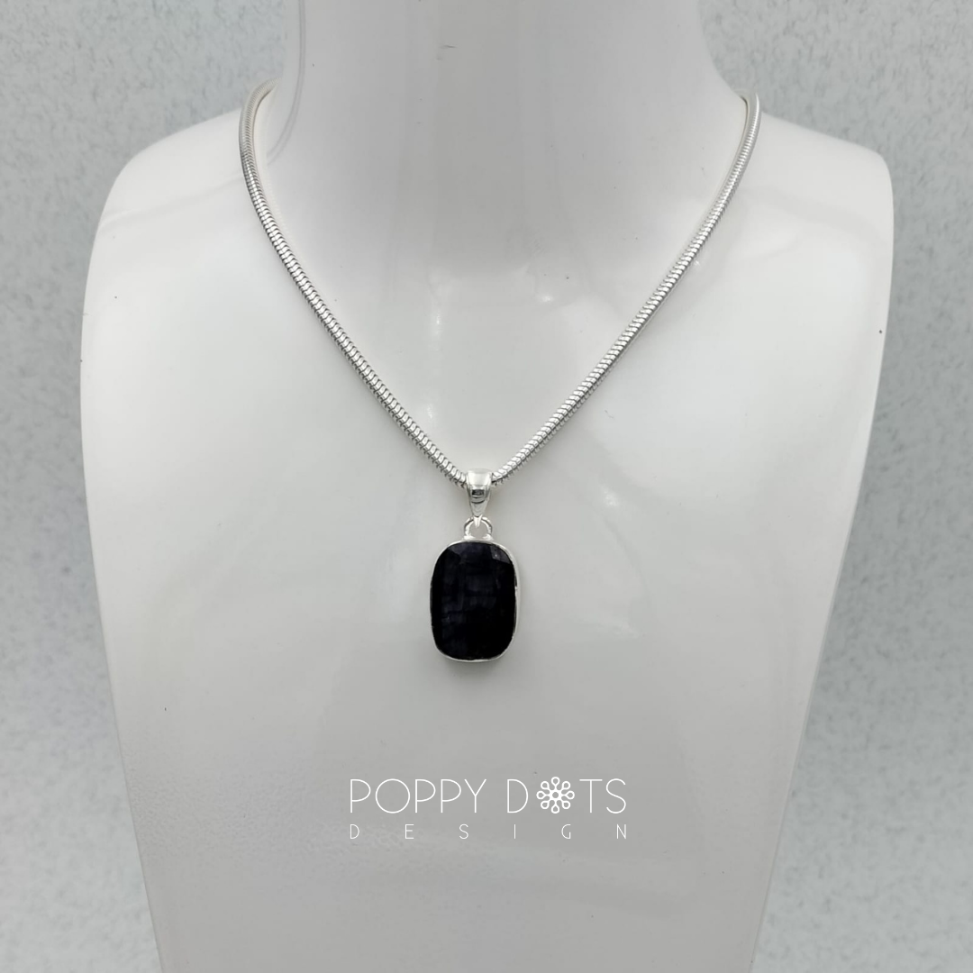 Sterling Silver Rectangular Blue Corundum Pendant