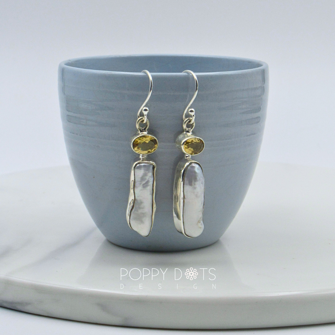 Exclusive Sterling Silver Citrine Quartz Long Pearl Earrings