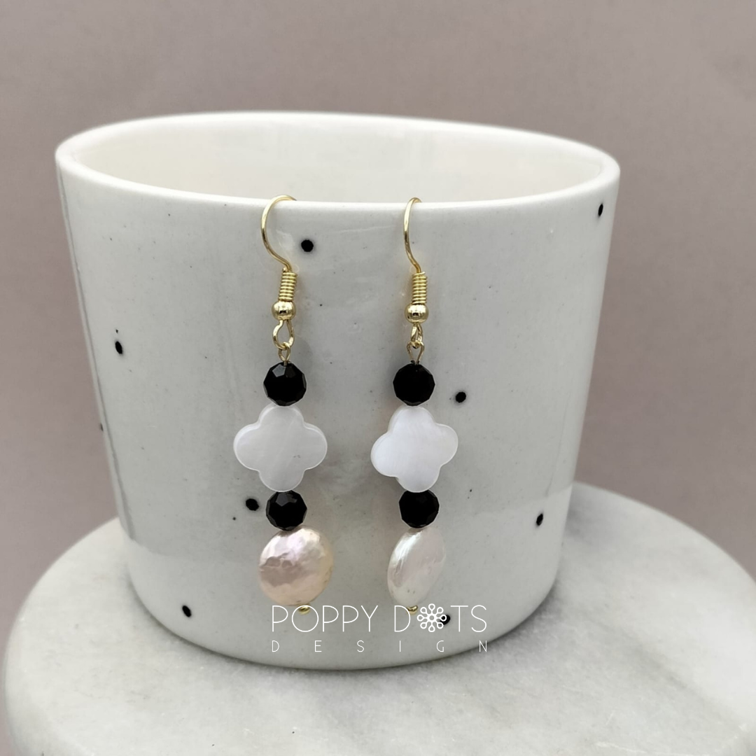 Gold Plated Shell Flower and Freshwater Peach Coin Pearl Earrings