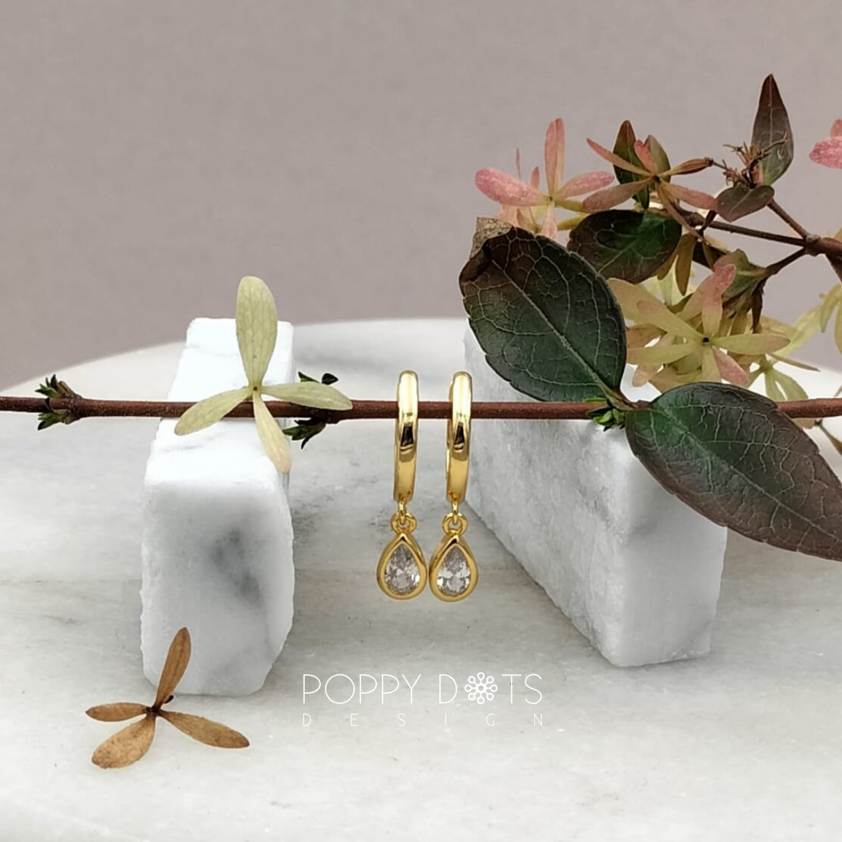 Gold Plated Sterling Silver and Zirconia Teardrop Huggie Earrings