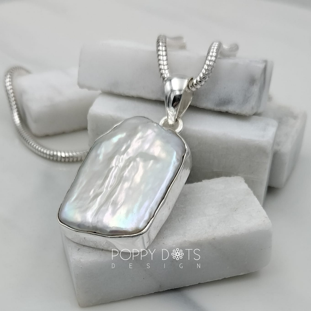 Sterling Silver Chunky Rectangular Baroque Pearl Pendant