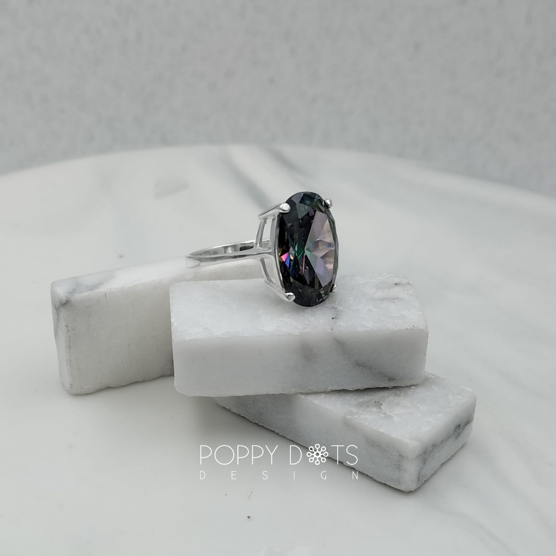 Luxurious Sterling Silver Oval Mystic Topaz Ring