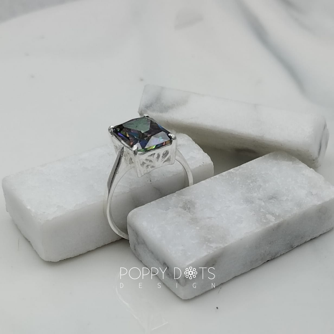 Luxurious Sterling Silver Rectangular Mystic Topaz Ring