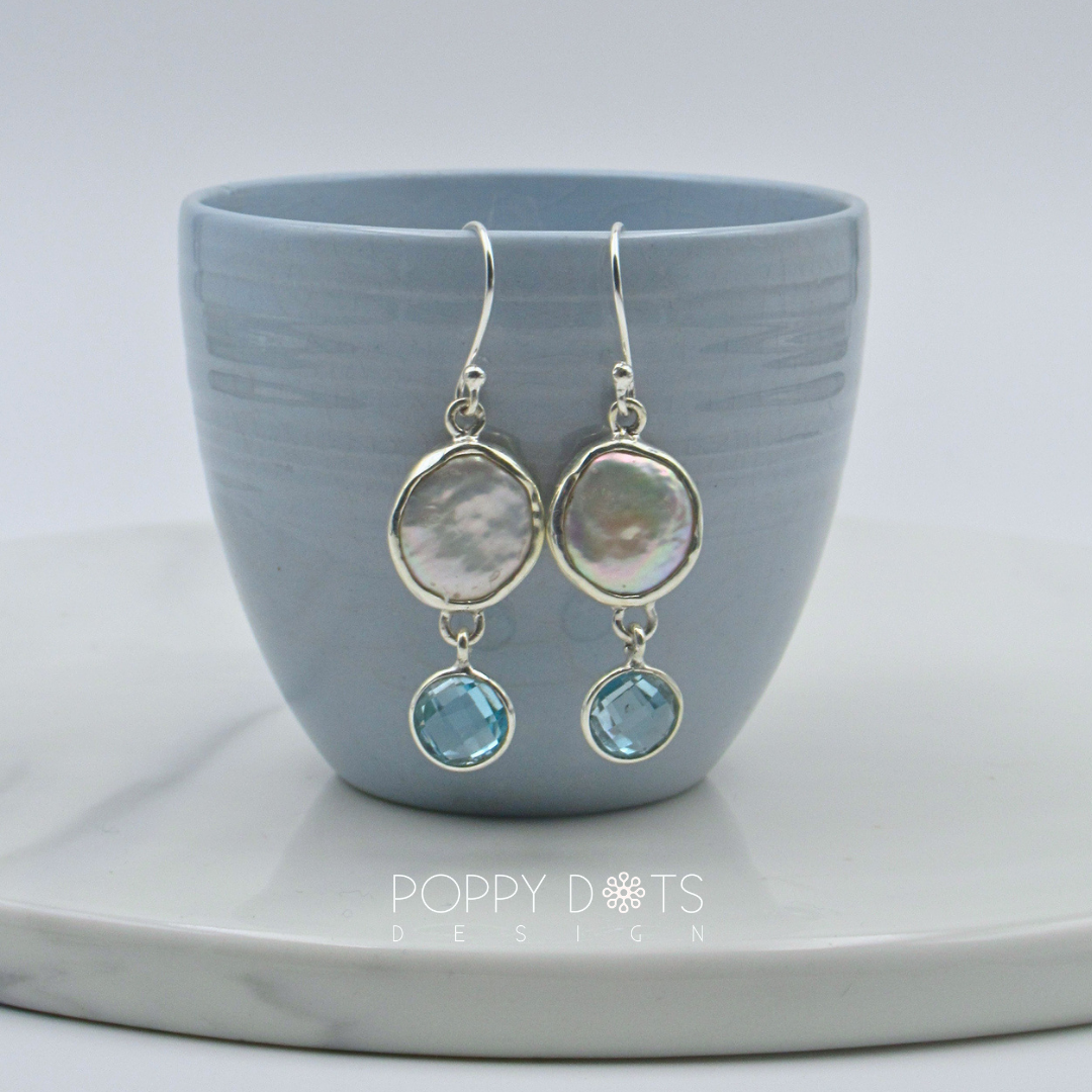 Luxurious Sterling Silver Coin Blue Topaz Earrings