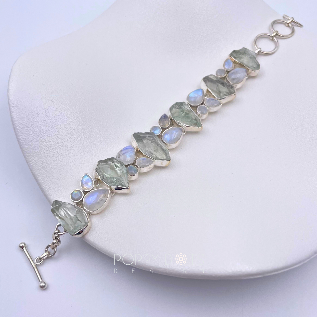 Deluxe Sterling Silver Moonstone and rough Green Amethyst Bracelet