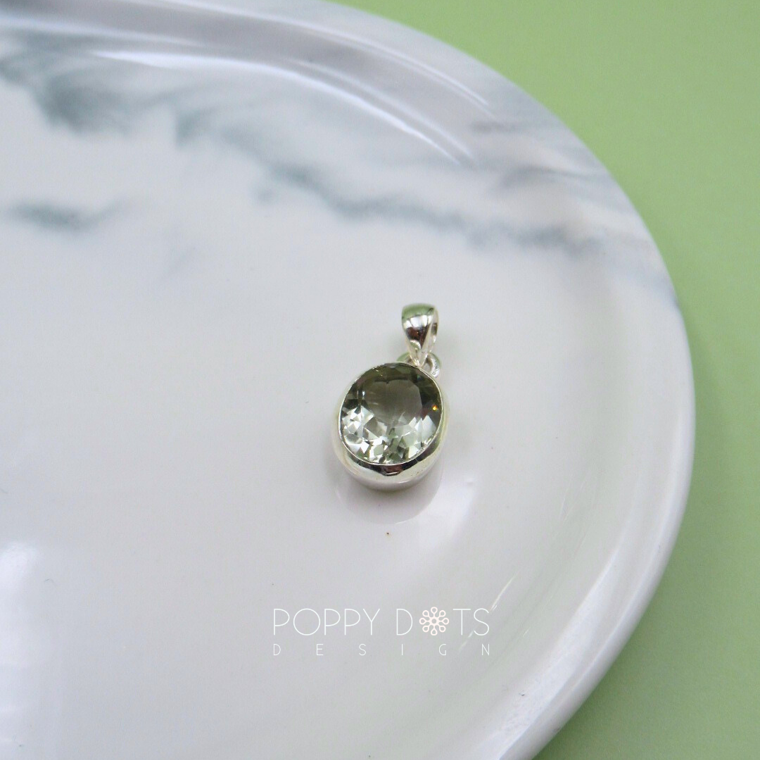 Luxurious Sterling Silver Oval Green Amethyst Earrings, Ring and Pendant Set