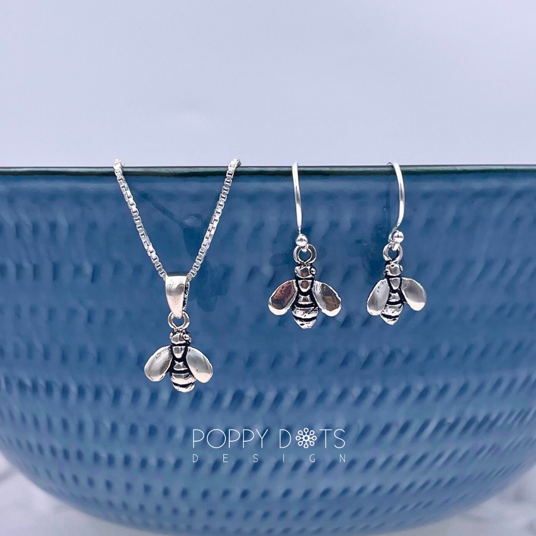Sterling Silver Honey Bee Pendant and Earring SET
