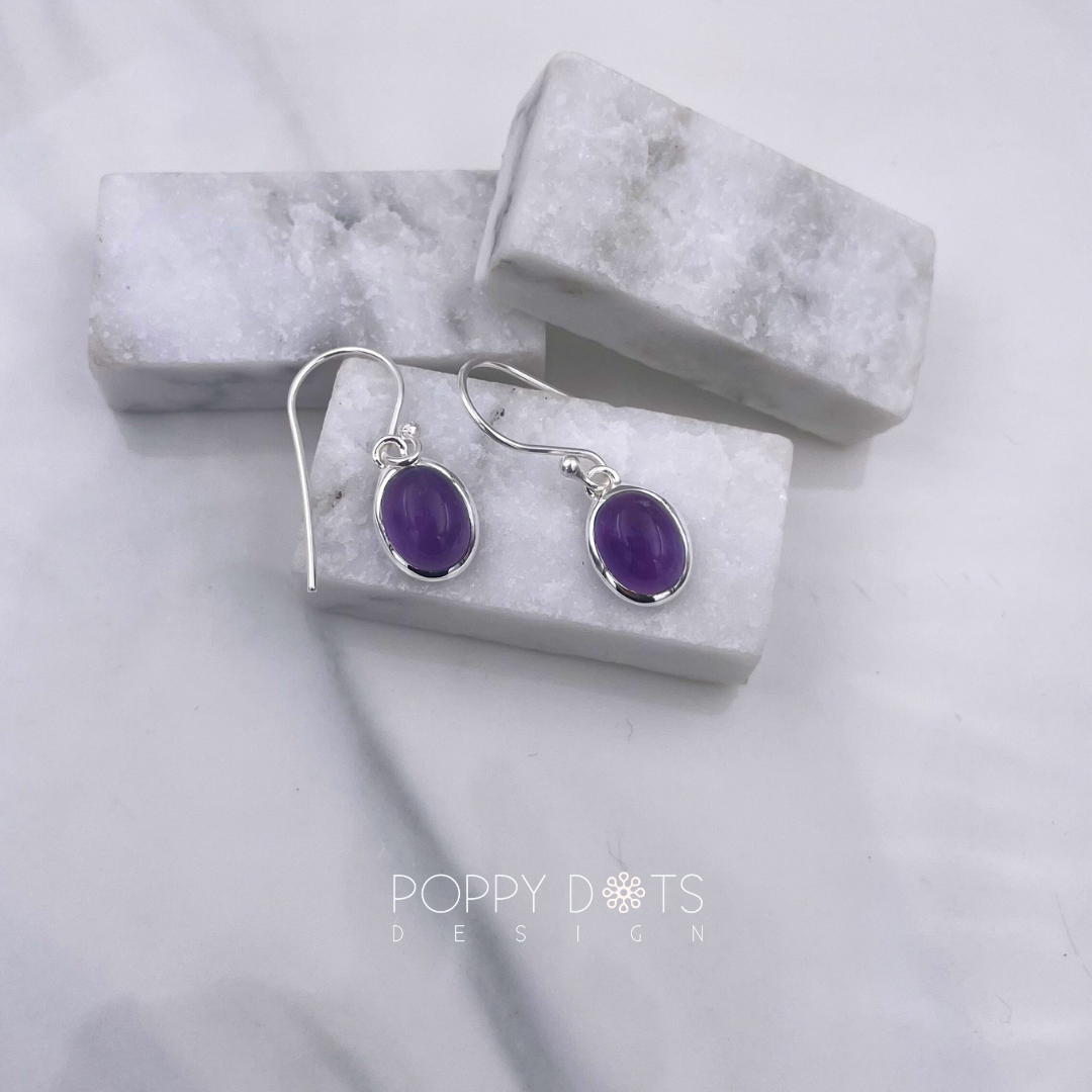 Sterling Silver Cab Oval Purple Amethyst Earrings