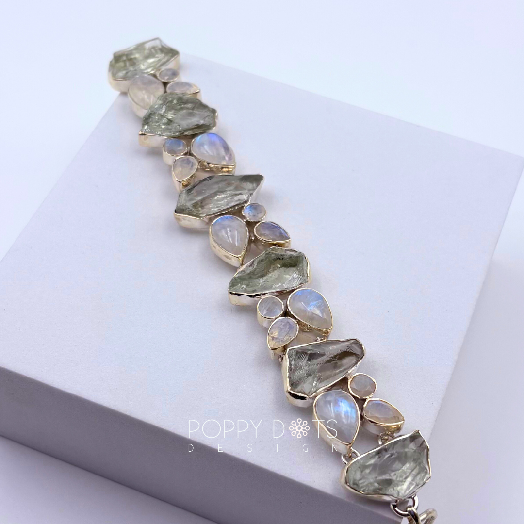 Deluxe Sterling Silver Moonstone and rough Green Amethyst Bracelet