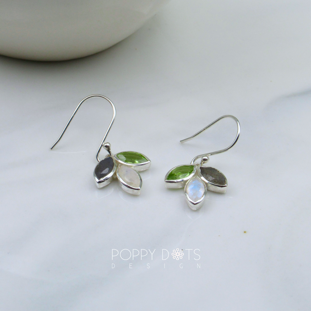 Sterling Silver Peridot, Labradorite and Moonstone Triple Leaf Earrings