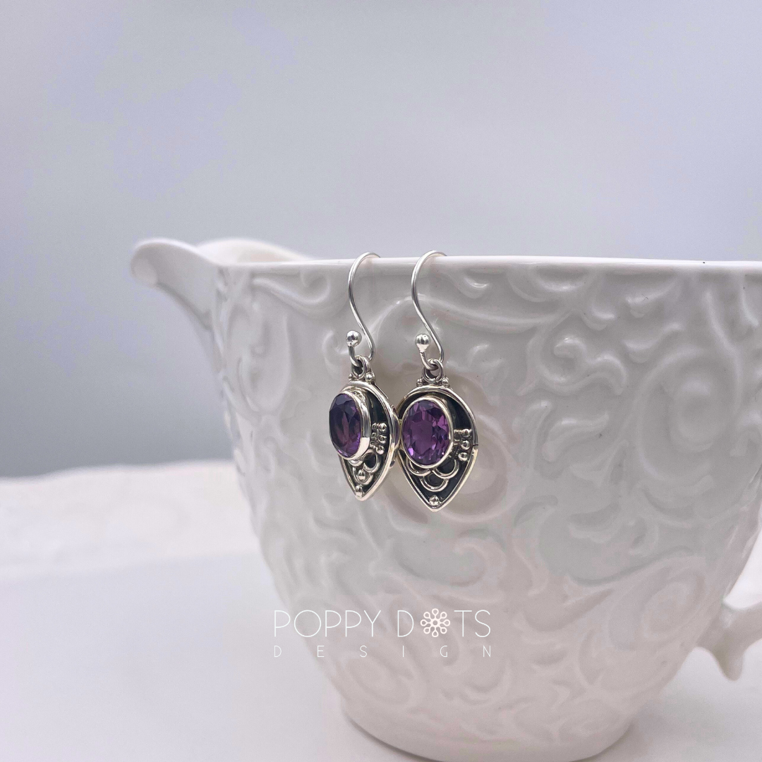 Sterling Silver Antique Detailed Purple Amethyst Earrings