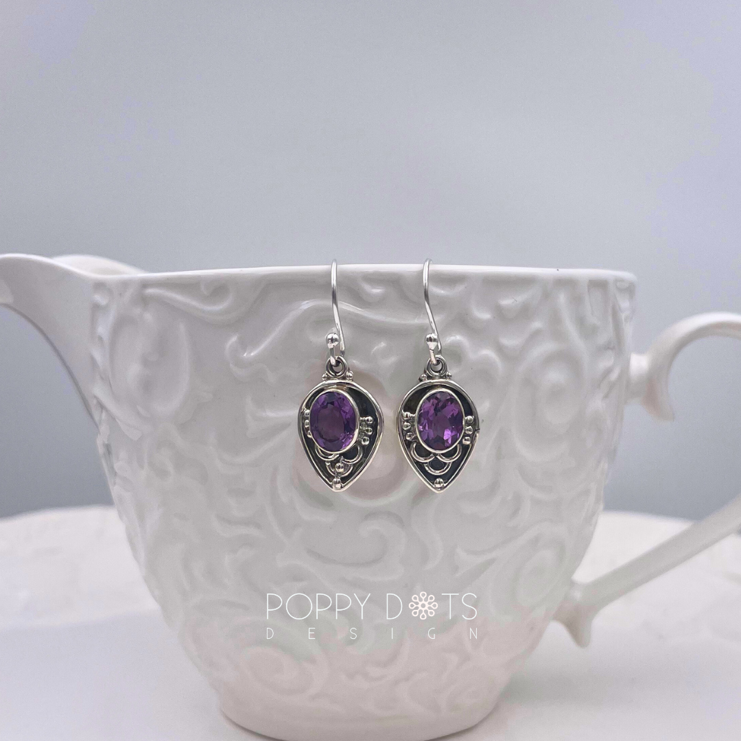 Sterling Silver Antique Detailed Purple Amethyst Earrings