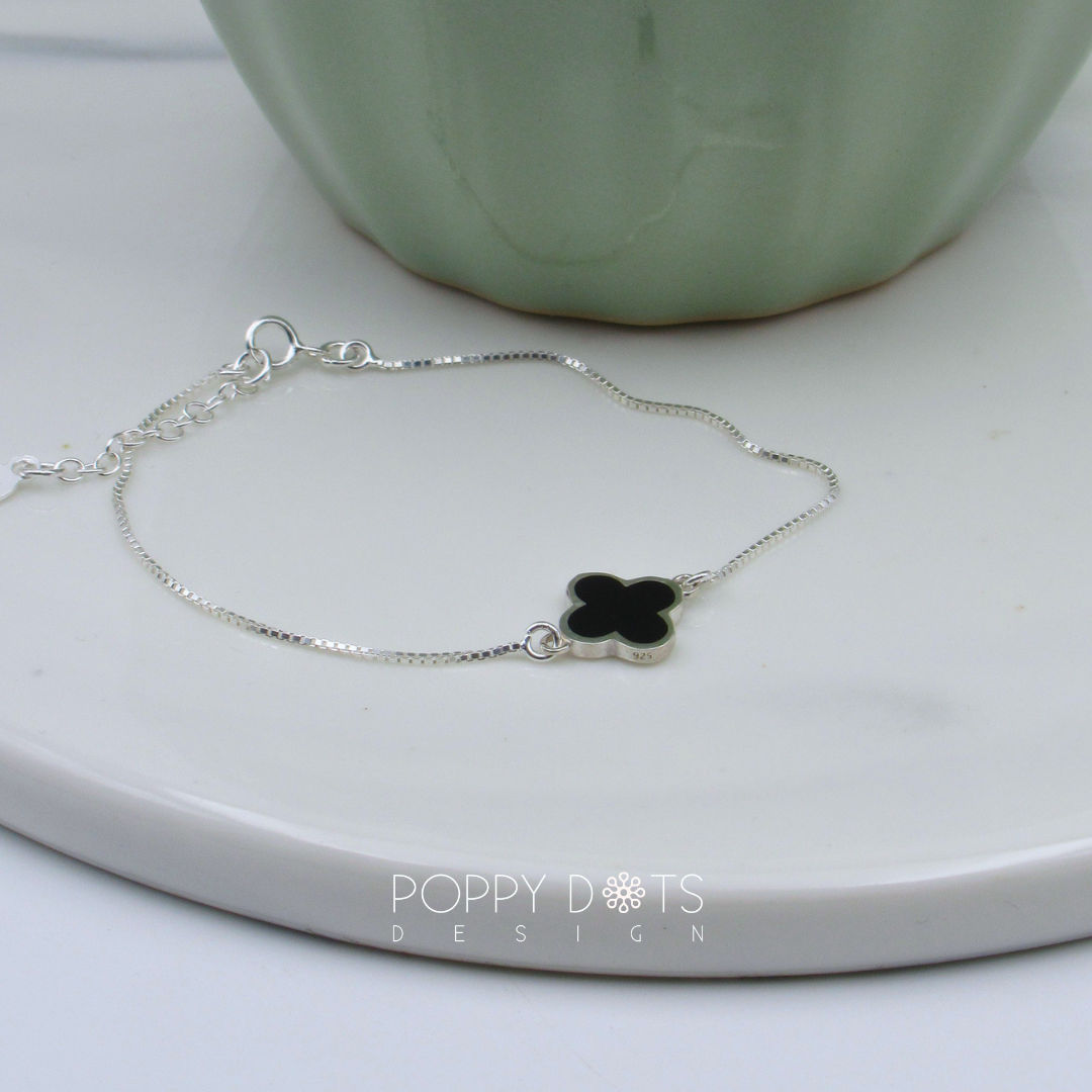 Sterling Silver Black Four Leaf Flower Bracelet