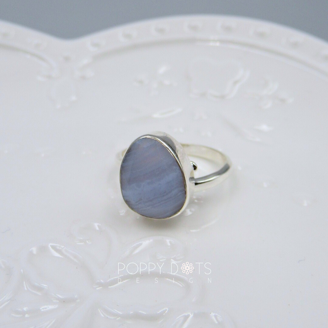 Luxurious Sterling Silver Blue Lace Agate Earrings, Ring and Pendant Set