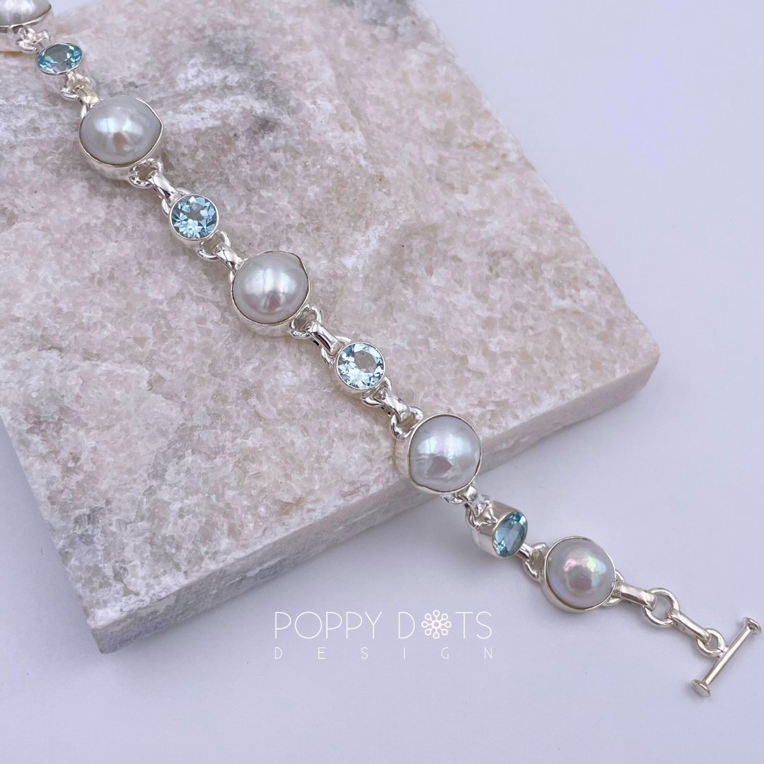 Freshwater Pearl and Blue Topaz Bracelet set in Sterling Silver